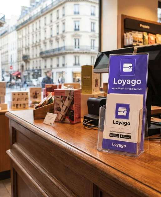 PLV Loyago sur le comptoir d'un commerce parisien